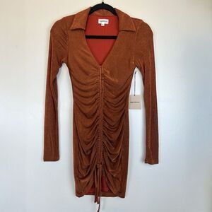 Revolve Superdown Penelope Long Sleeve Ruched Dress Metallic Gold Size XS NWT